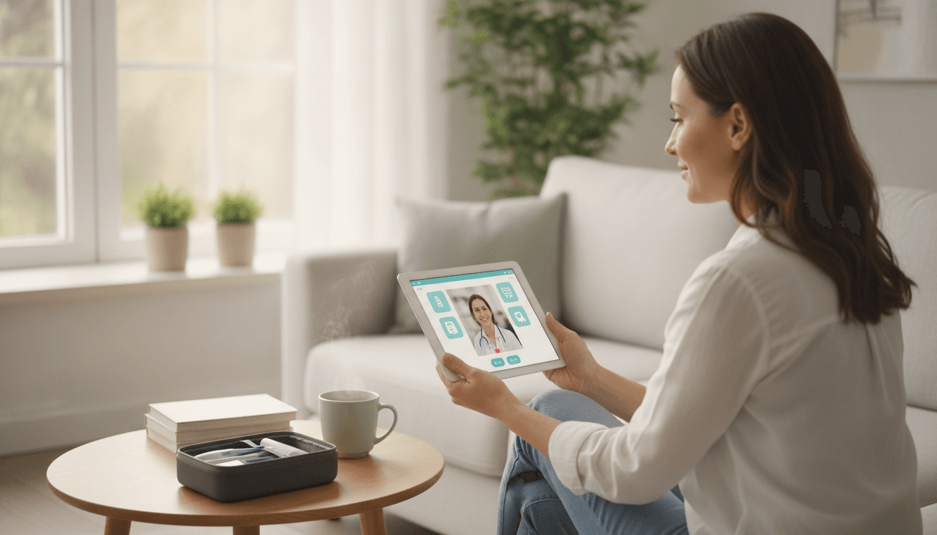 A person sitting in a calm home environment reviewing a telehealth app on a tablet, with a small medical kit on the table beside them
