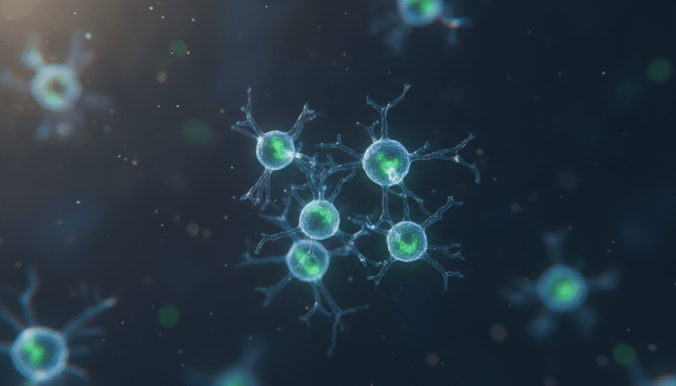 Microscopy image of T cells glowing with autofluorescence signals in blue and green against a dark background, illustrating metabolic activity