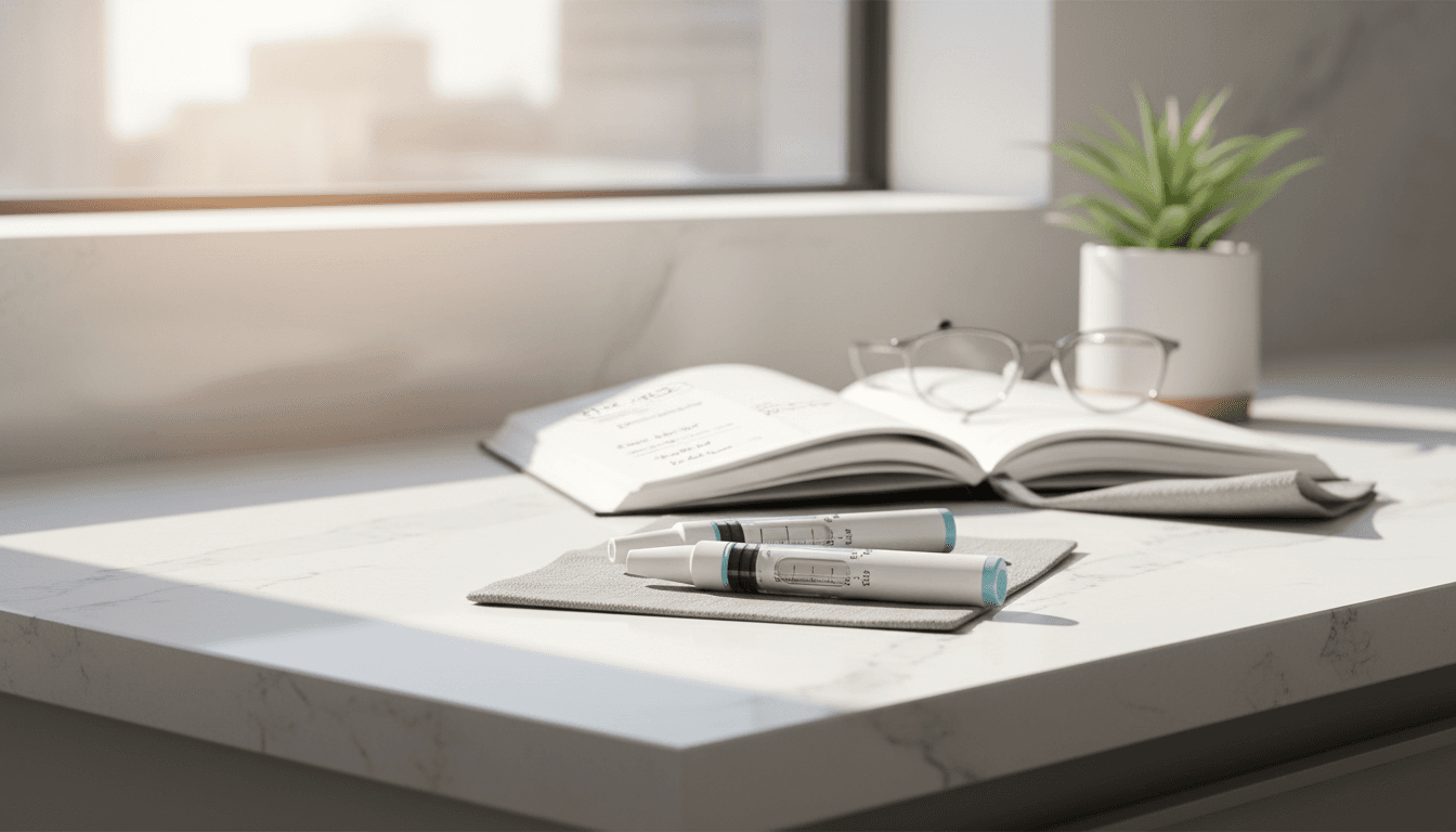 Close-up of two GLP-1 injection pens side by side on a clinical countertop with a lab notebook in the background