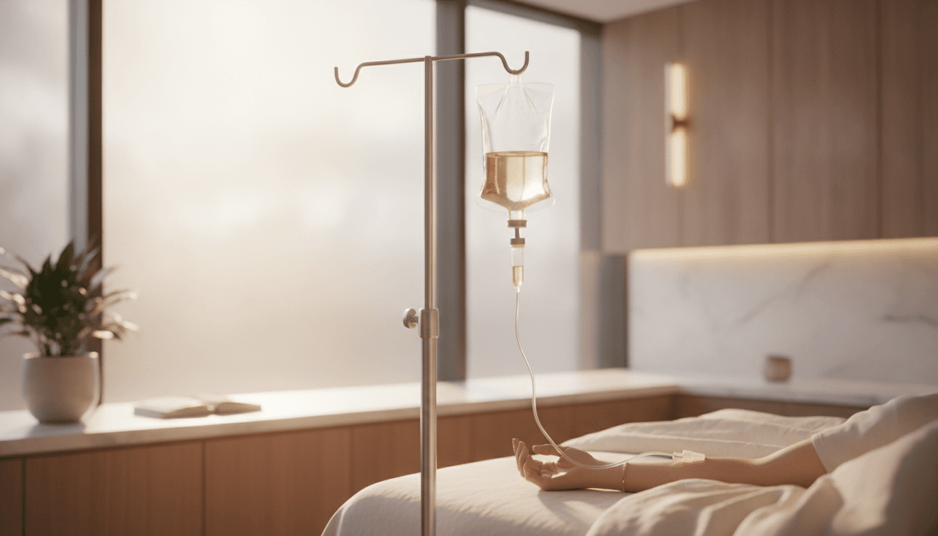 Close-up of an IV drip in a clinical setting with soft, warm lighting suggesting calm and recovery