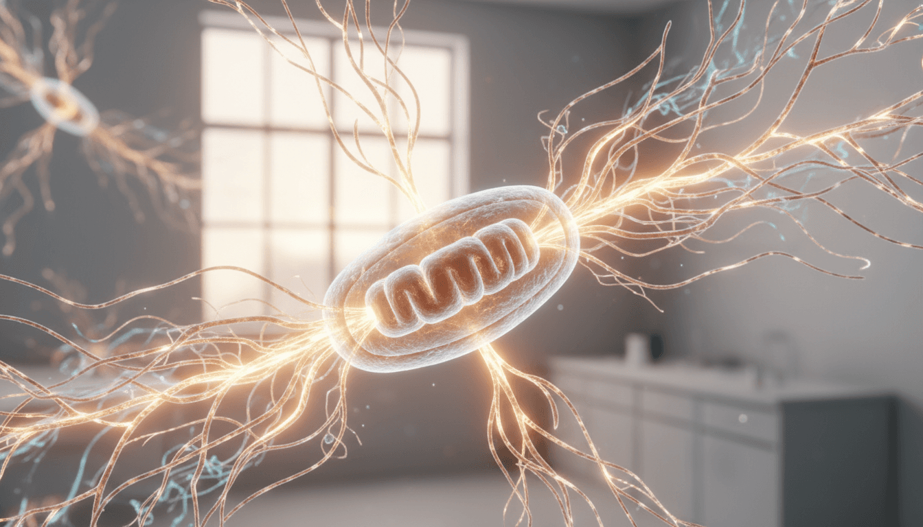 Close-up illustration of a mitochondrion inside a neuron, with glowing energy pathways representing NAD+ production and cellular repair