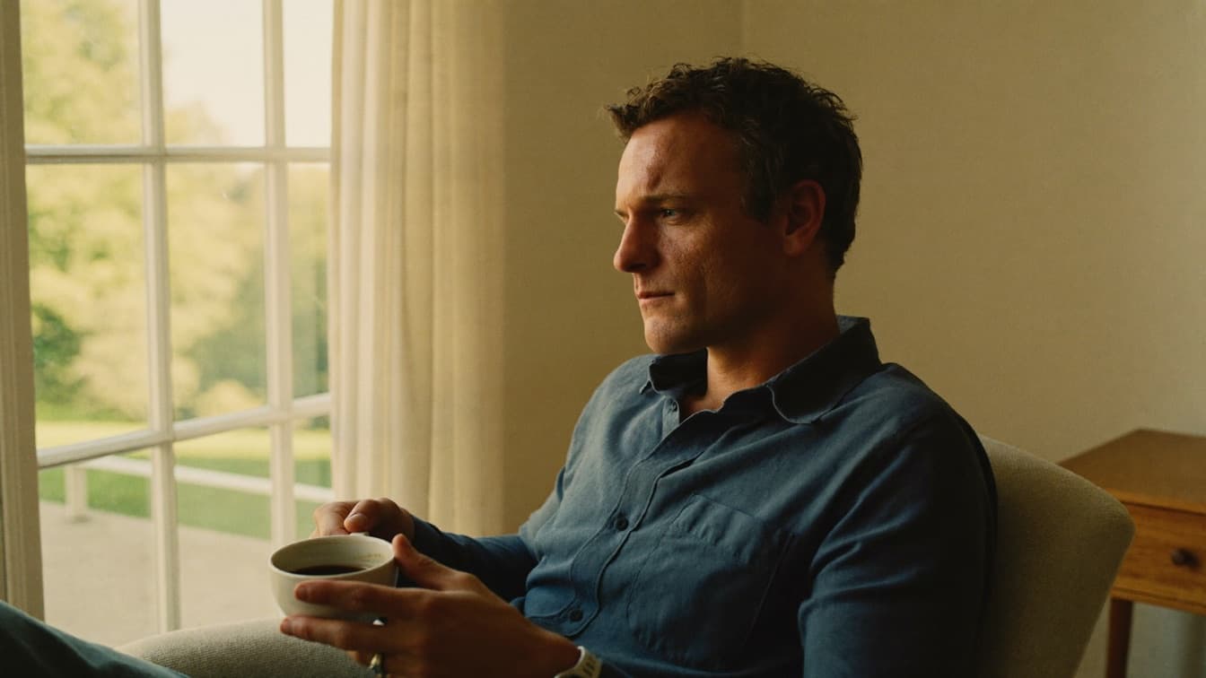 A person sitting by a window with a cup of coffee in soft morning light, looking calm and reflective