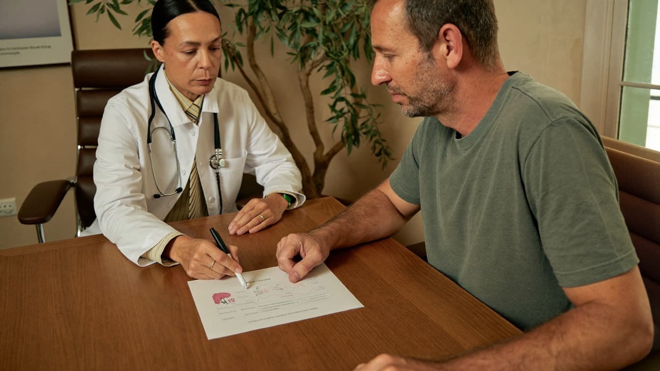A man reviewing a hormone lab report with a clinician at a desk in a quiet consultation room