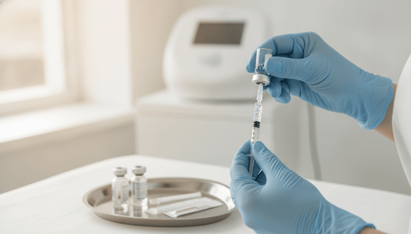 Close-up of a clinician drawing hyaluronic acid filler into a syringe against a clean clinical background