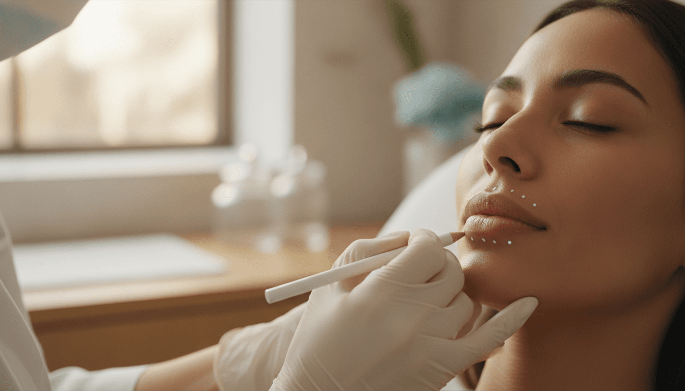 Close-up of a clinician marking anatomical injection points on a patient's lips before hyaluronic acid filler treatment