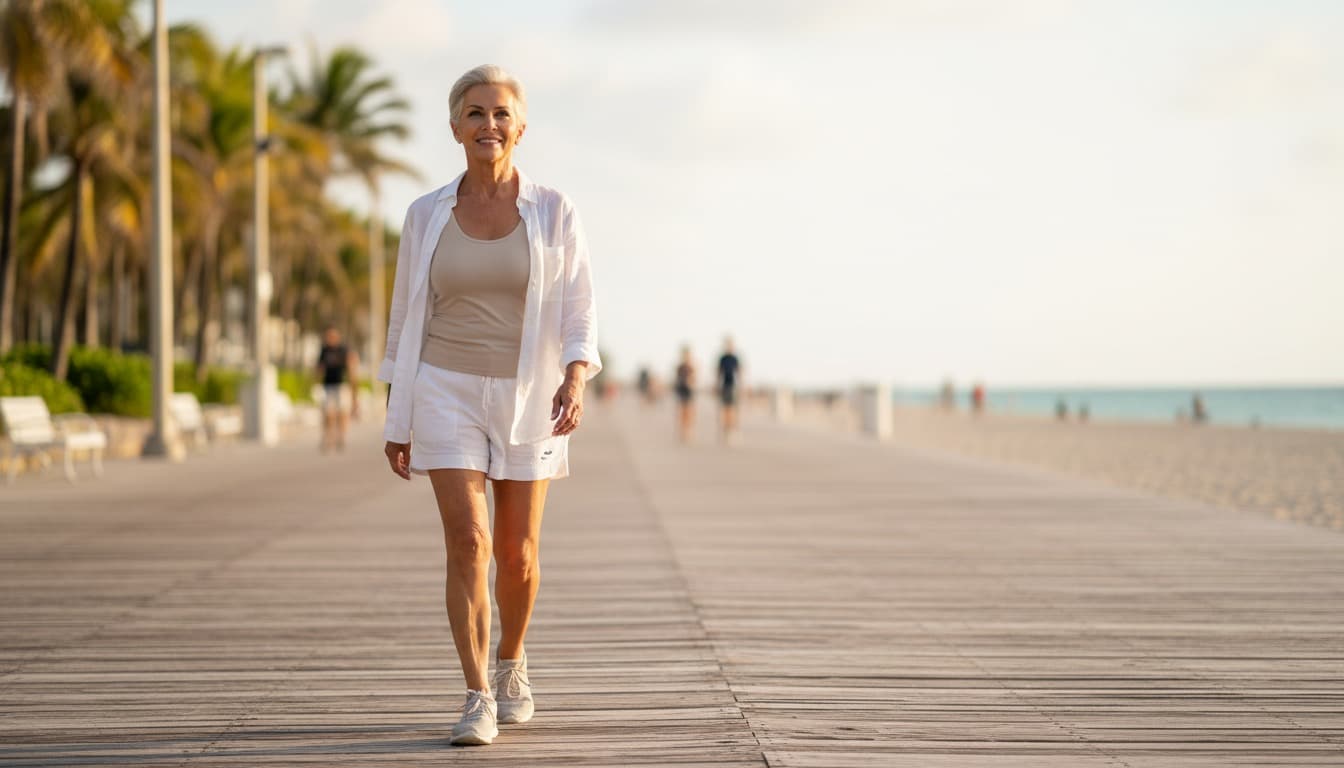 An older adult walking along a sunlit Miami beach boardwalk, looking healthy and active