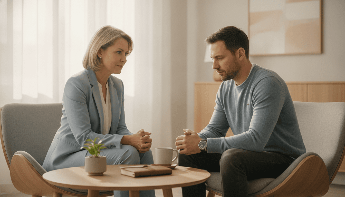 A person sitting in a calm, well-lit clinical room with a clinician -- representing a thoughtful, personalized approach to depression treatment