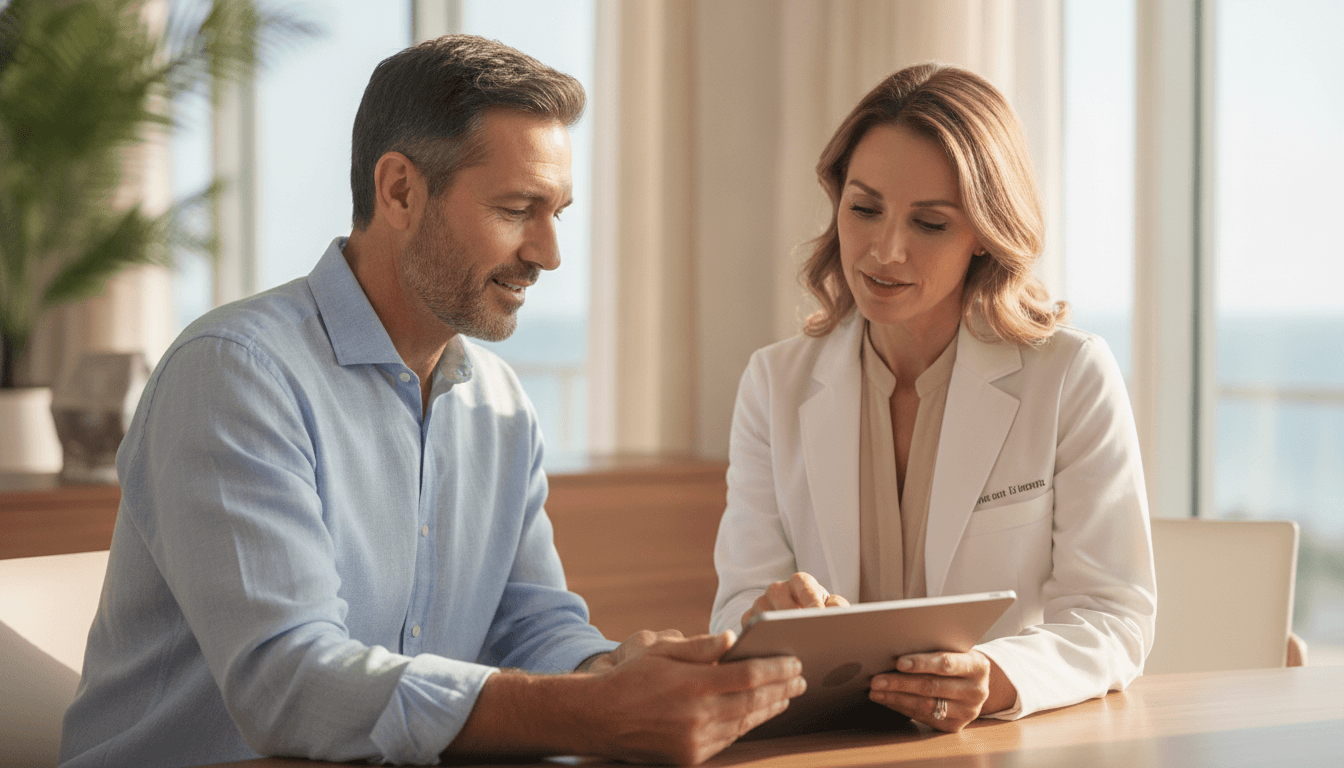 Close-up of a man reviewing lab results with a clinician at a concierge medical practice in Miami Beach