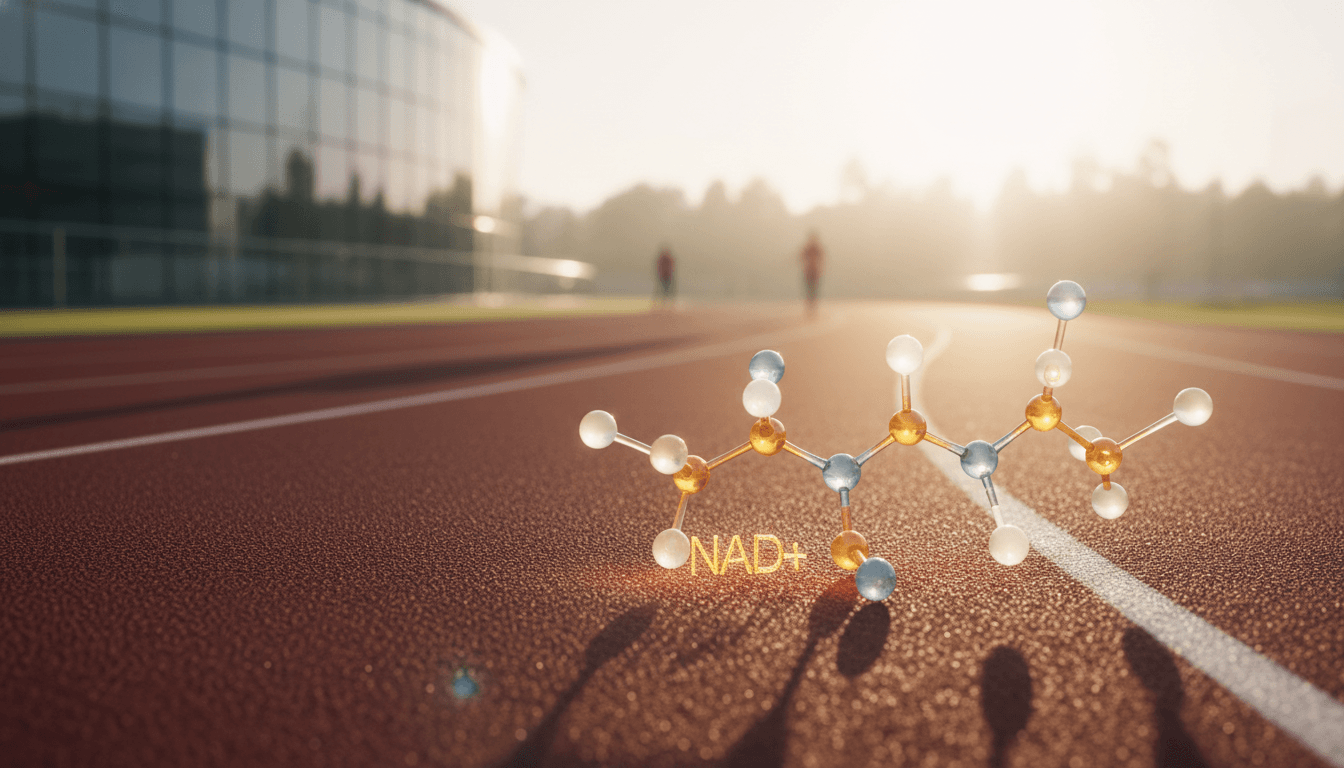 Close-up of NAD+ molecular structure overlaid on an athletic track, representing the intersection of exercise science and cellular energy research
