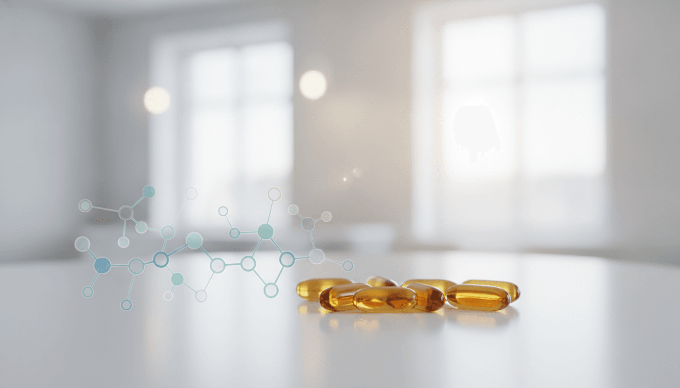 Close-up of nicotinamide capsules beside a molecular diagram of regulatory T cells on a clean clinical background