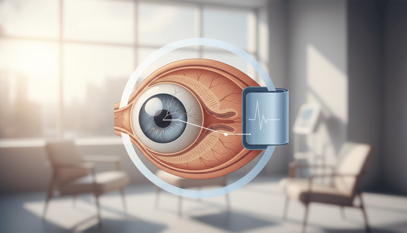 Close-up illustration of a cross-section of the human eye showing the retinal pigment epithelium layer with visible stress fracture, overlaid with a blood pressure cuff graphic